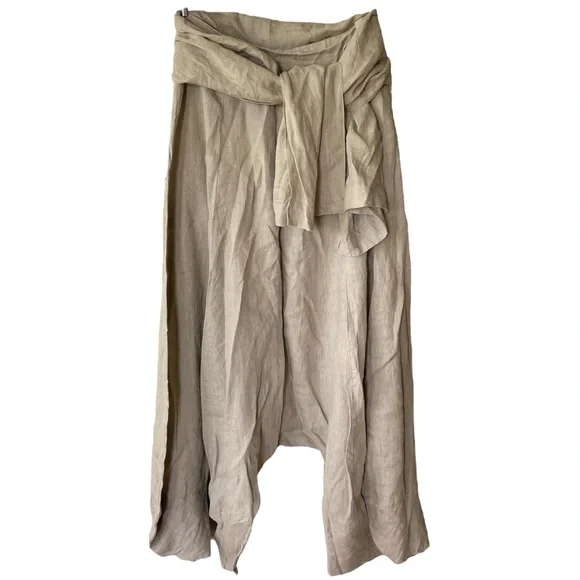 Sarah Pacini Oatmeal Beige Linen Harem Wide Leg Designer Pants with Sash Belt M - Picture 2 of 12